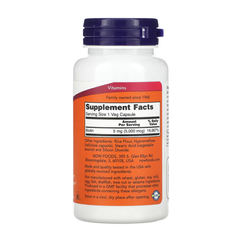 купить витамины now biotin 5000 мкг 60 растительных капсул