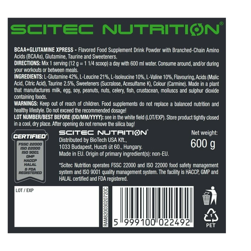 Аминокислоты Scitec Nutrition BCAA+Glutamine Xpress 600 г купить аминокислоты scitec nutrition bcaa+glutamine xpress 600 г