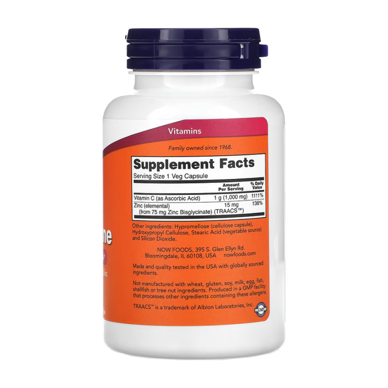 купить витамины now c-1000 с цинком 90 растительных капсул