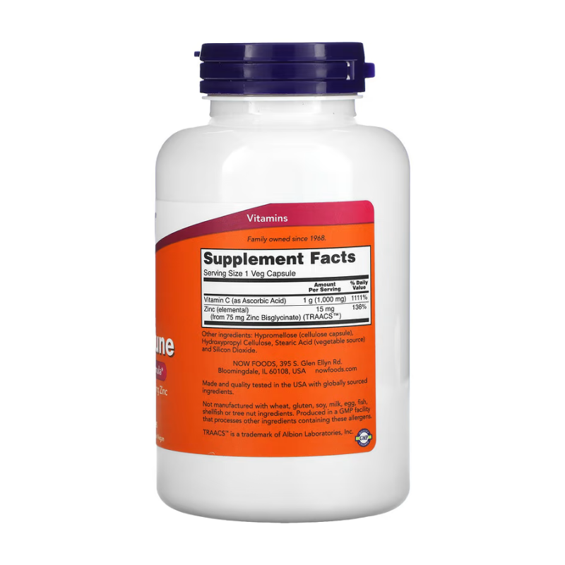 купить витамины now c-1000 с цинком 180 растительных капсул