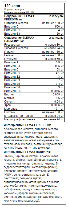 купить биологически активные добавки elemax набор №4 freedom (60 капсул) + harmony (60 капсул) 120 капсул